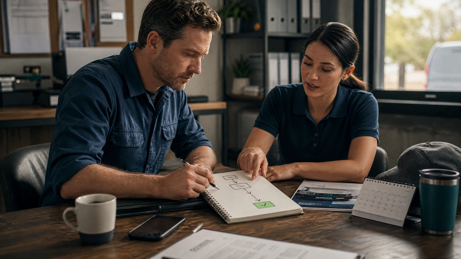 Business owner and frontline employee mapping a customer response workflow on paper beside a phone and laptop