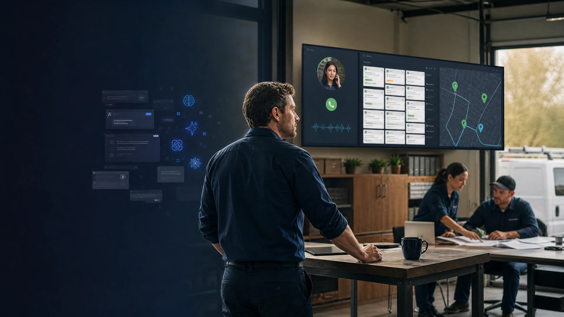 Local service business owner comparing scattered AI tools with an integrated, human-supervised operations workflow