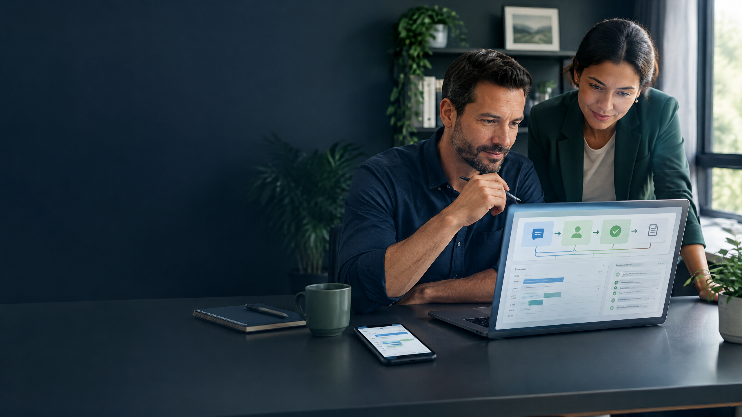 Service business owner and operations manager reviewing a human-led AI workflow on a laptop