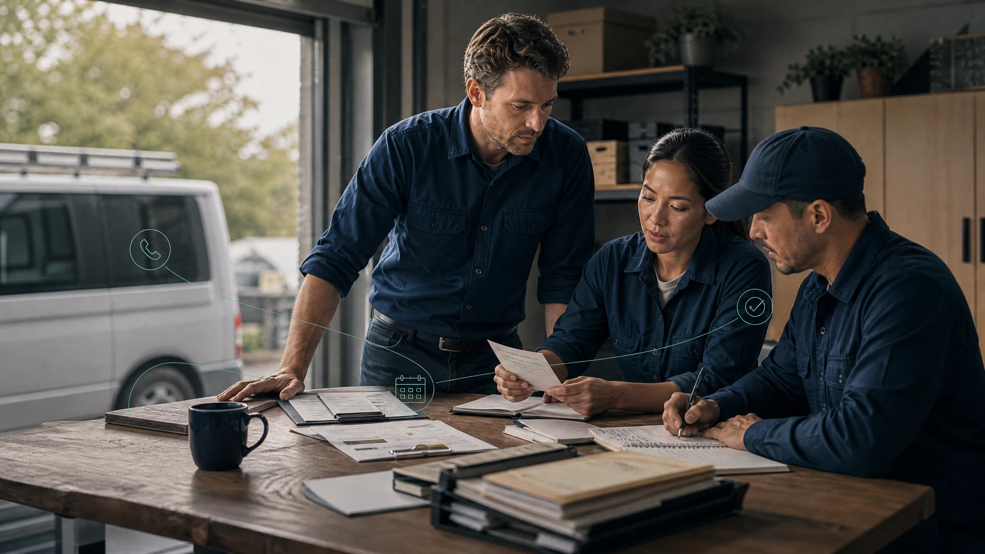 Service-business team using a human-supervised AI workflow for lead response, records, dispatch, and customer handoffs