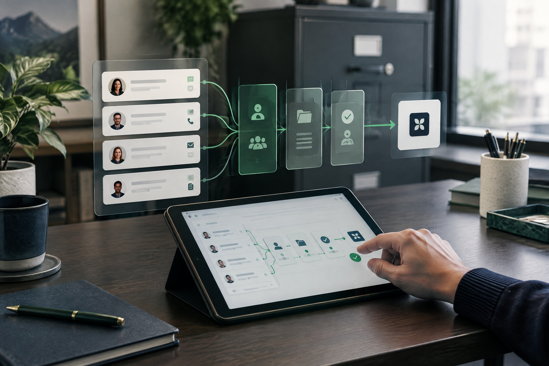 Organized service business data permissions and human review before an approved AI workflow action