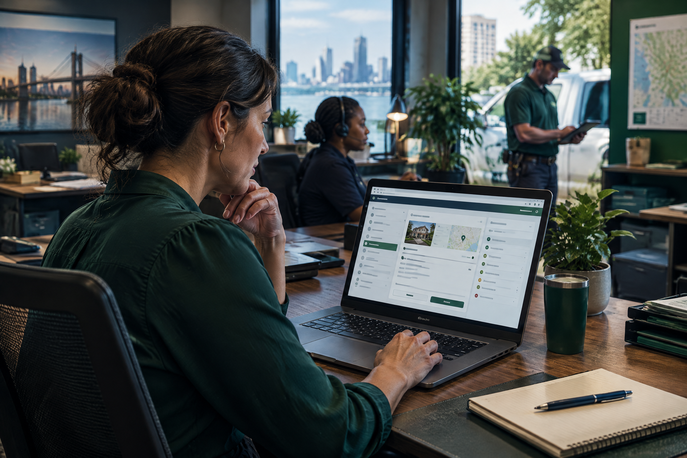 Service business dispatcher reviewing an AI-assisted customer request with a human escalation path
