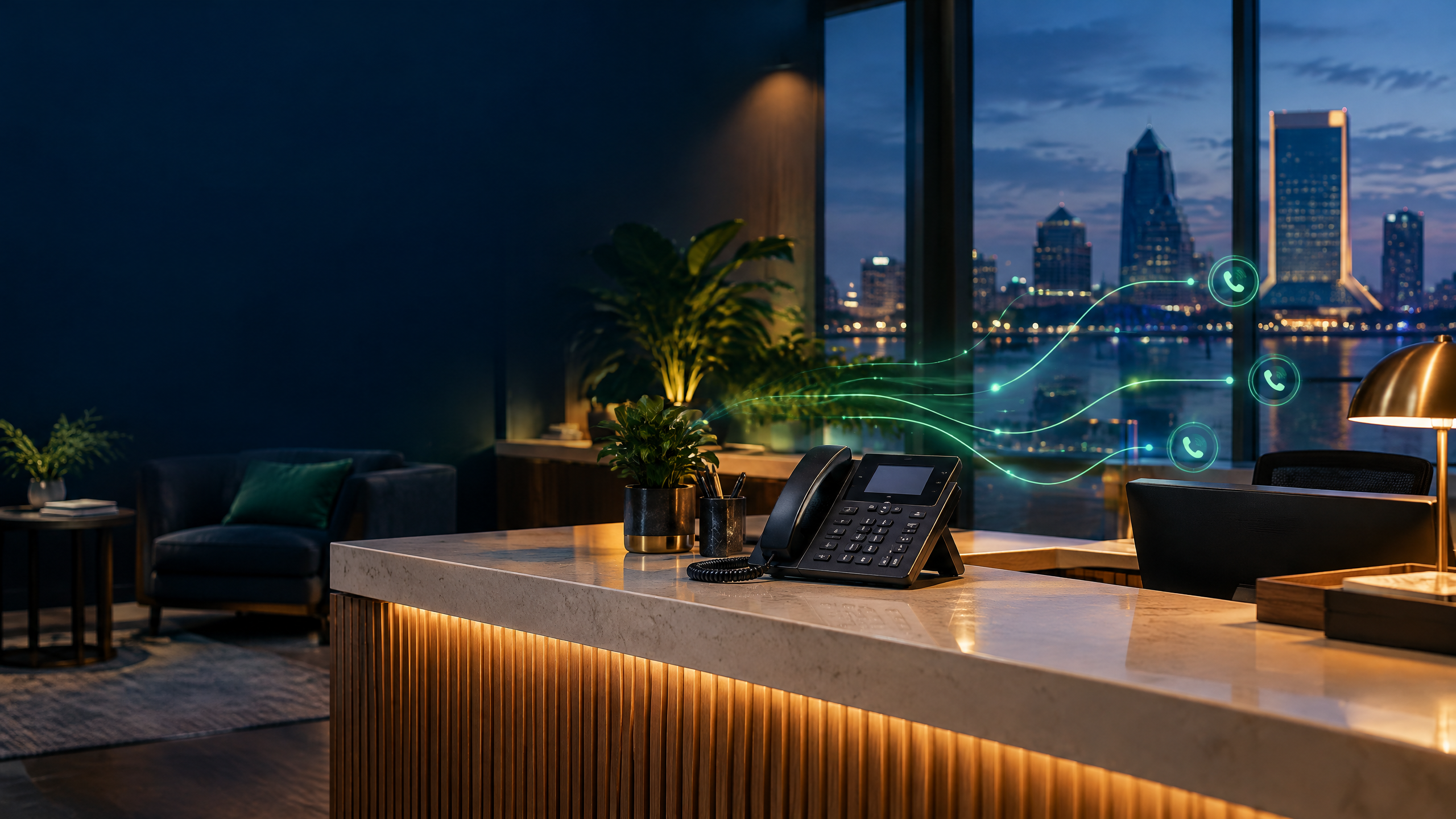 Jacksonville service-business front desk with phone, practical AI call-routing signals, and skyline