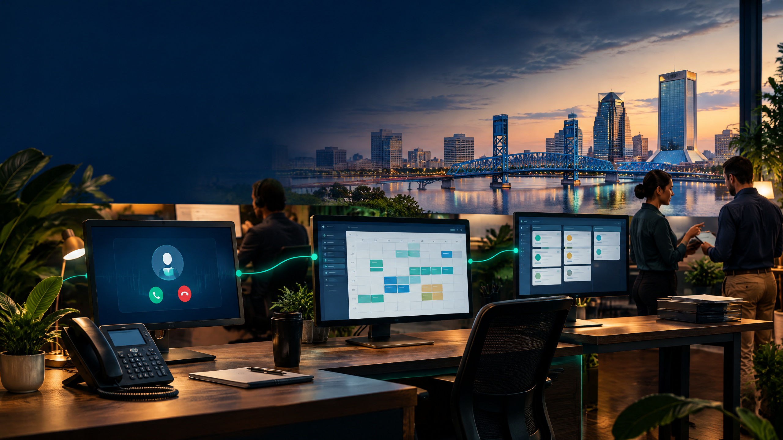 Jacksonville service-business operations center with AI-assisted calls, scheduling, lead records, and staff handoffs